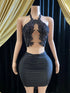 Rafa Black Embellished Mini Dress with Rhinestone Details, perfect for cocktail events.