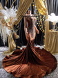 Yembi Fashion brown velvet mermaid gown with high neck, long sheer mesh sleeves, heavy bronze crystal baroque embroidery, and rich chocolate velour train