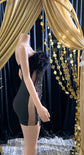 Ella Black Mini Dress featuring a tulle design and rhinestone details for a chic and glamorous look.