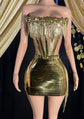 Model wearing a glamorous Rhinestone Dress Set with tassel dress details, perfect for special occasions."