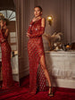 Eve One Shoulder Sequin Crystal Maxi Dress With Gloves In Red