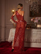Eve One Shoulder Sequin Crystal Maxi Dress With Gloves In Red