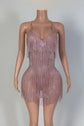 Yembi Fashion pink rhinestone fringe mini dress with V-neckline, sheer nude illusion mesh, and vertical hanging crystal tassel strands
