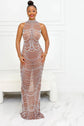 Yembi Fashion brown crystal maxi dress with high mock neck, sheer chocolate brown mesh, and intricate baroque silver rhinestone and white pearl patterns