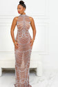 Yembi Fashion brown crystal maxi dress with high mock neck, sheer chocolate brown mesh, and intricate baroque silver rhinestone and white pearl patterns
