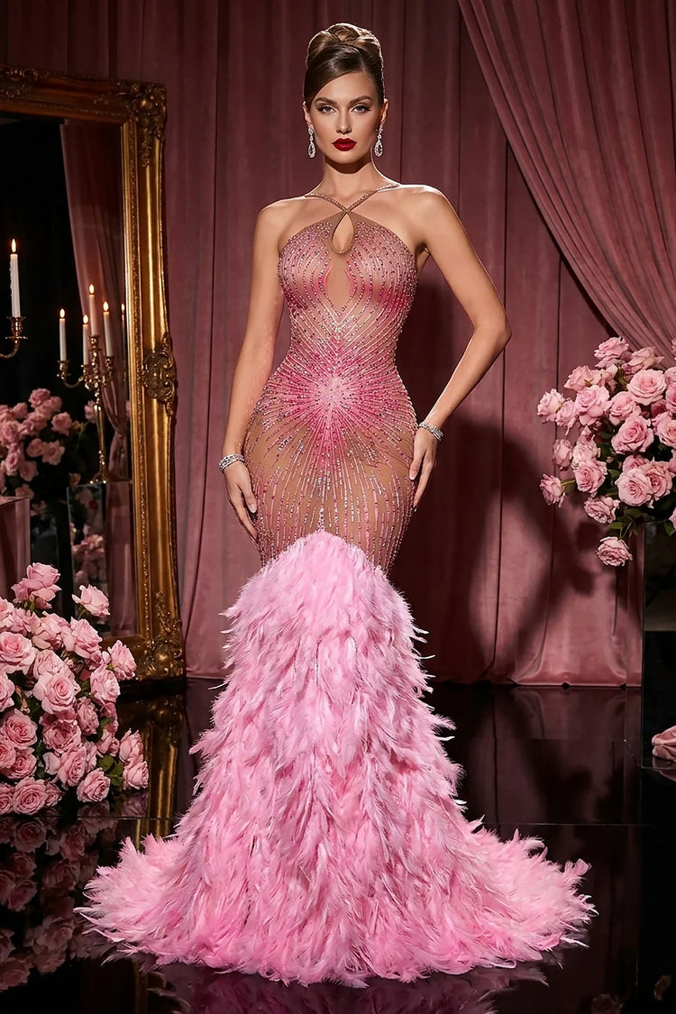 Yembi Fashion pink feather crystal gown with criss-cross halter neck, nude illusion mesh bodice with rose rhinestones, and plush ostrich feather mermaid train