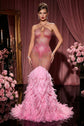Yembi Fashion pink feather crystal gown with criss-cross halter neck, nude illusion mesh bodice with rose rhinestones, and plush ostrich feather mermaid train