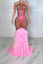 Yembi Fashion pink feather crystal gown with criss-cross halter neck, nude illusion mesh bodice with rose rhinestones, and plush ostrich feather mermaid train