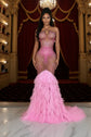 The Ultimate Pink Feather Crystal Embellished Mermaid Gown