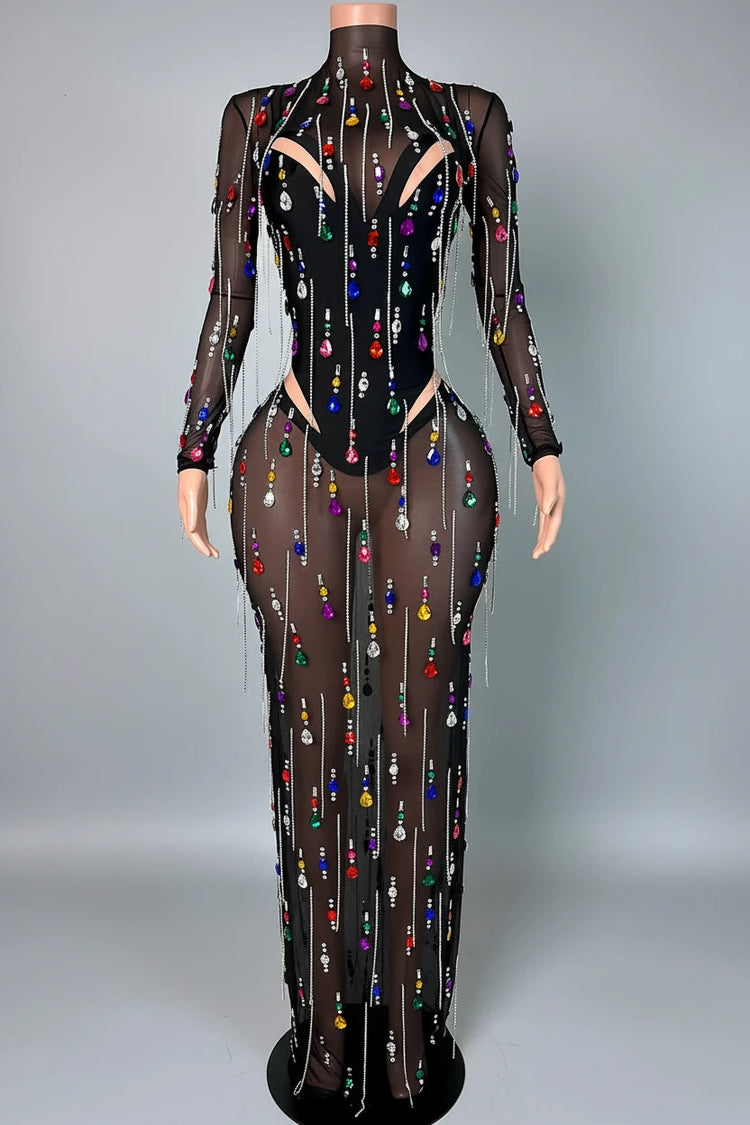 Yembi Fashion multicolor crystal maxi dress with sheer black mesh, built-in bodysuit lining, and vertical hanging rainbow rhinestone fringe