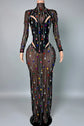 Yembi Fashion multicolor crystal maxi dress with sheer black mesh, built-in bodysuit lining, and vertical hanging rainbow rhinestone fringe
