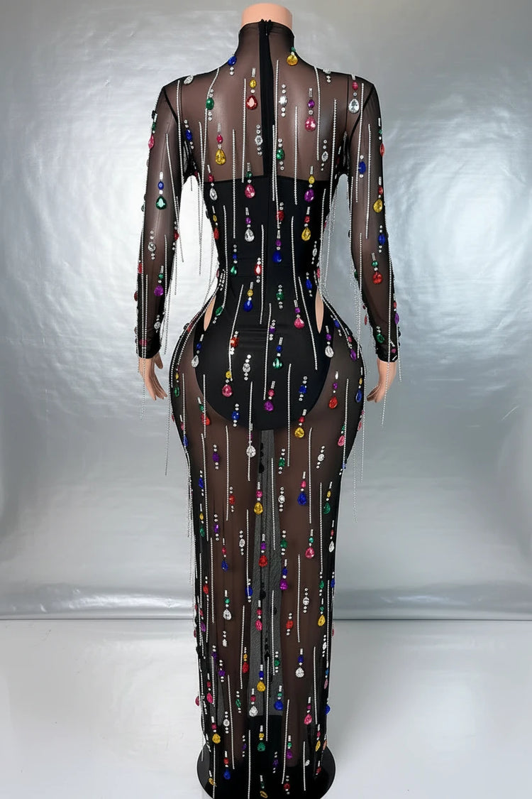 Yembi Fashion multicolor crystal maxi dress with sheer black mesh, built-in bodysuit lining, and vertical hanging rainbow rhinestone fringe