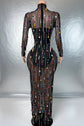 Yembi Fashion multicolor crystal maxi dress with sheer black mesh, built-in bodysuit lining, and vertical hanging rainbow rhinestone fringe