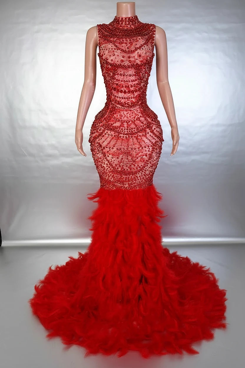 Yembi Fashion red feather crystal gown with high mock neck, nude illusion mesh bodice with ruby pearl beadwork, and plush ostrich feather mermaid train