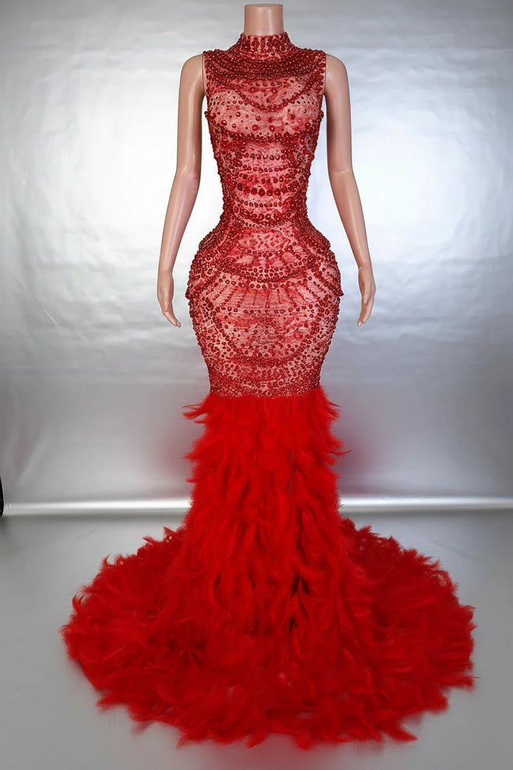 Yembi Fashion red feather crystal gown with high mock neck, nude illusion mesh bodice with ruby pearl beadwork, and plush ostrich feather mermaid train