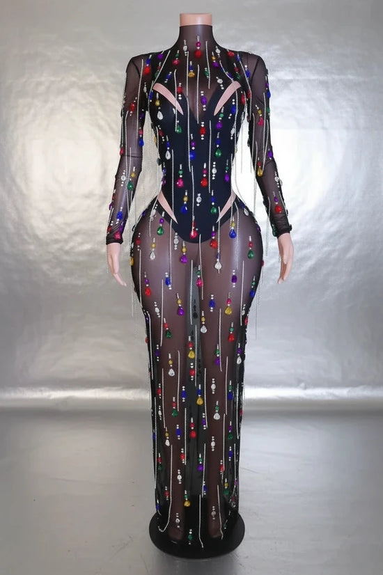 Yembi Fashion multicolor crystal maxi dress with sheer black mesh, built-in bodysuit lining, and vertical hanging rainbow rhinestone fringe