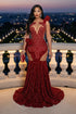 Yembi Fashion deep red sequin mermaid prom dress with embellished cutout bodice and illusion mesh panels