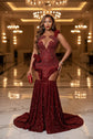 Yembi Fashion deep red sequin mermaid prom dress with embellished cutout bodice and illusion mesh panels