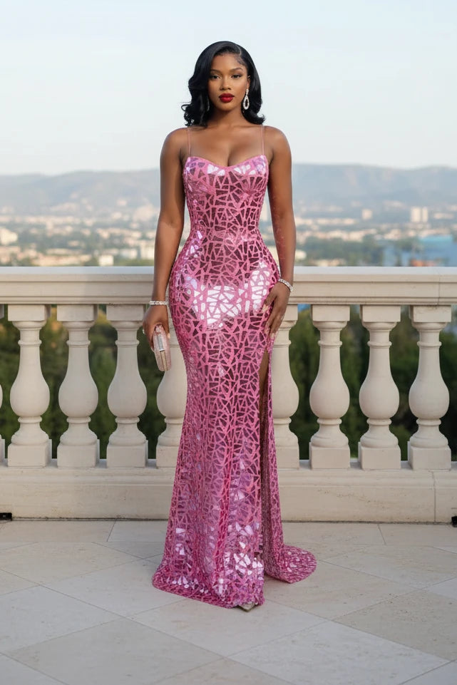 Yembi Fashion pink mirror maxi dress with sweetheart neckline, geometric shattered glass mirror pieces, and high thigh slit
