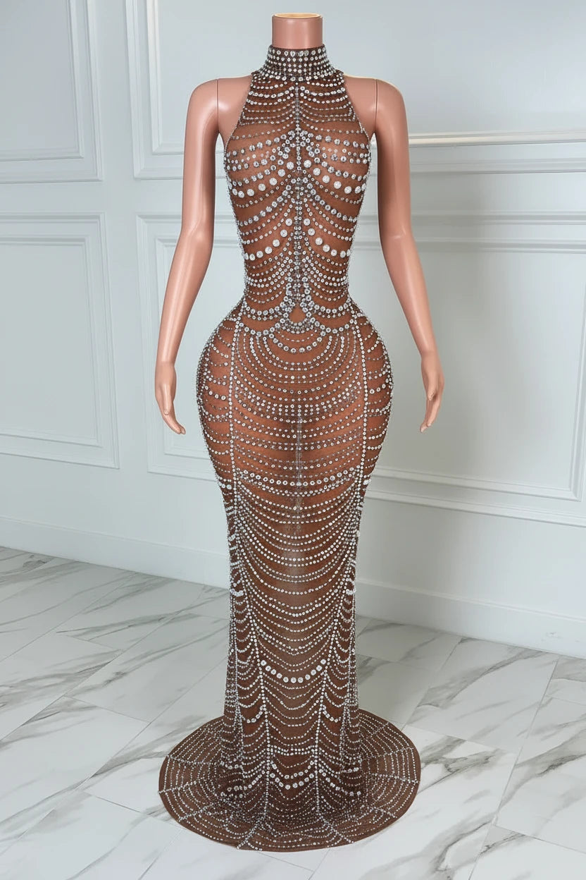 Yembi Fashion brown crystal maxi dress with high mock neck, sheer chocolate brown mesh, and intricate baroque silver rhinestone and white pearl patterns