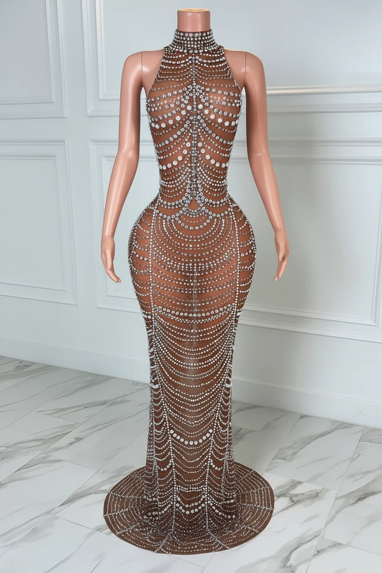 Yembi Fashion brown crystal maxi dress with high mock neck, sheer chocolate brown mesh, and intricate baroque silver rhinestone and white pearl patterns