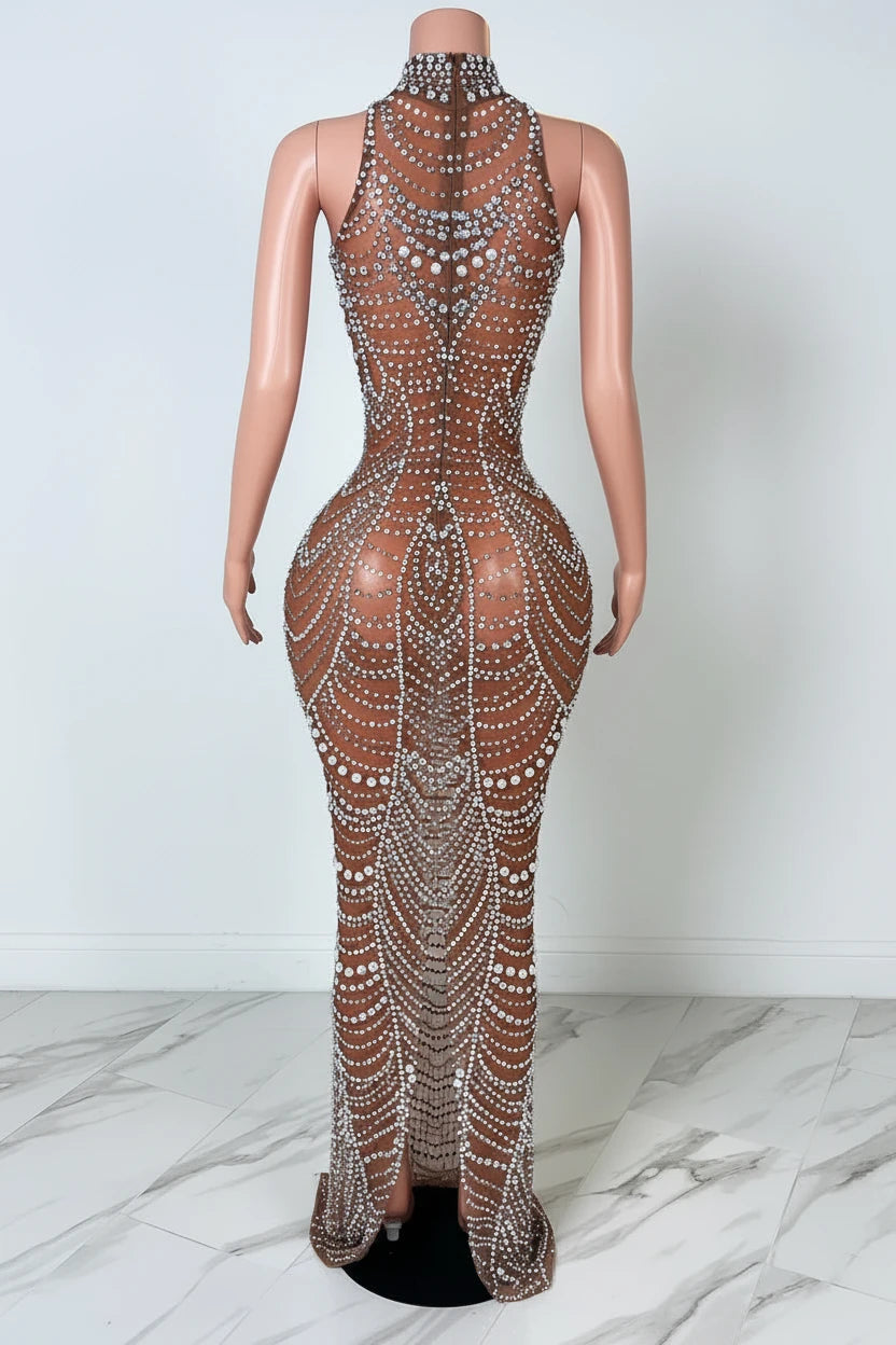 Yembi Fashion brown crystal maxi dress with high mock neck, sheer chocolate brown mesh, and intricate baroque silver rhinestone and white pearl patterns