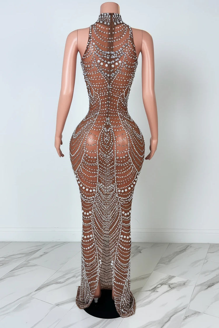 Yembi Fashion brown crystal maxi dress with high mock neck, sheer chocolate brown mesh, and intricate baroque silver rhinestone and white pearl patterns