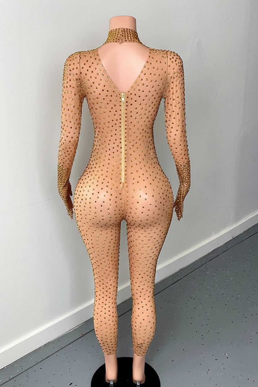 Yembi Fashion luxury gold rhinestone jumpsuit featuring high-density gold crystal embellishments on a nude illusion sheer mesh catsuit with high mock neck and long sleeves with built-in gloves