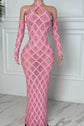 Yembi Fashion pink crystal halter dress with criss-cross neckline, central chest keyhole cutout, sheer pink mesh, and geometric diamond grid pattern of rose rhinestones