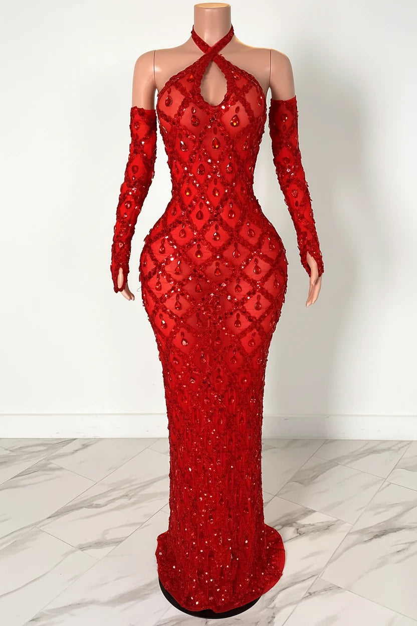 Yembi Fashion red crystal halter dress with criss-cross neckline, central chest keyhole cutout, sheer red mesh, and geometric diamond grid pattern of ruby rhinestones