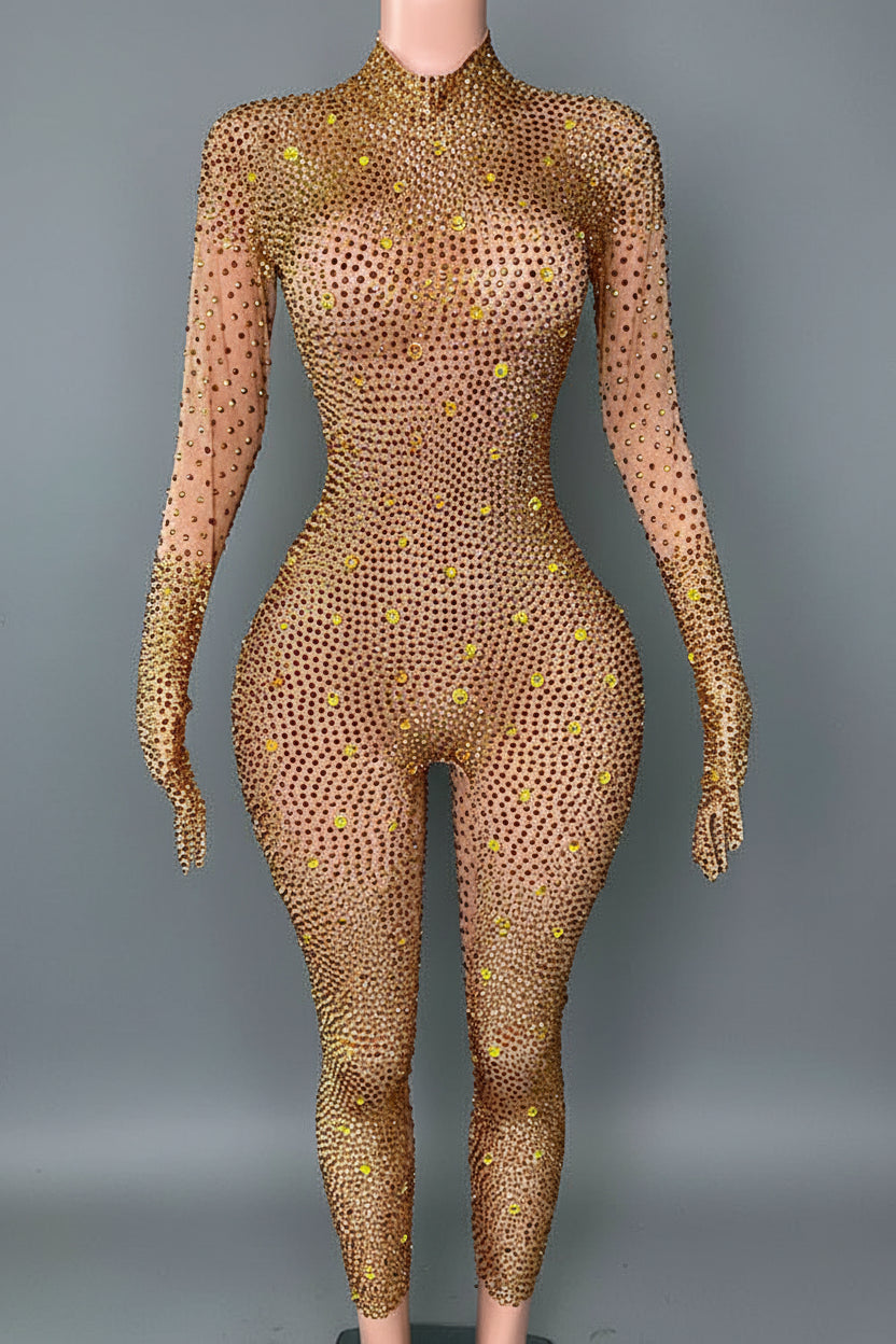 Yembi Fashion luxury gold rhinestone jumpsuit featuring high-density gold crystal embellishments on a nude illusion sheer mesh catsuit with high mock neck and long sleeves with built-in gloves