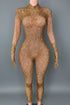 Yembi Fashion luxury gold rhinestone jumpsuit featuring high-density gold crystal embellishments on a nude illusion sheer mesh catsuit with high mock neck and long sleeves with built-in gloves