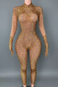 Yembi Fashion luxury gold rhinestone jumpsuit featuring high-density gold crystal embellishments on a nude illusion sheer mesh catsuit with high mock neck and long sleeves with built-in gloves