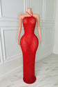 Yembi Fashion red crystal maxi dress with asymmetric halter neck strap, sheer red mesh, and heavy constellation pattern of ruby red rhinestones