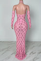 Yembi Fashion pink crystal halter dress with criss-cross neckline, central chest keyhole cutout, sheer pink mesh, and geometric diamond grid pattern of rose rhinestones