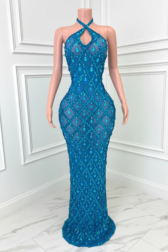 Yembi Fashion blue crystal halter dress with criss-cross neckline, central chest keyhole cutout, sheer blue mesh, and geometric diamond grid pattern of sapphire rhinestones