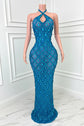 Yembi Fashion blue crystal halter dress with criss-cross neckline, central chest keyhole cutout, sheer blue mesh, and geometric diamond grid pattern of sapphire rhinestones