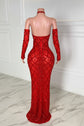 Yembi Fashion red crystal halter dress with criss-cross neckline, central chest keyhole cutout, sheer red mesh, and geometric diamond grid pattern of ruby rhinestones