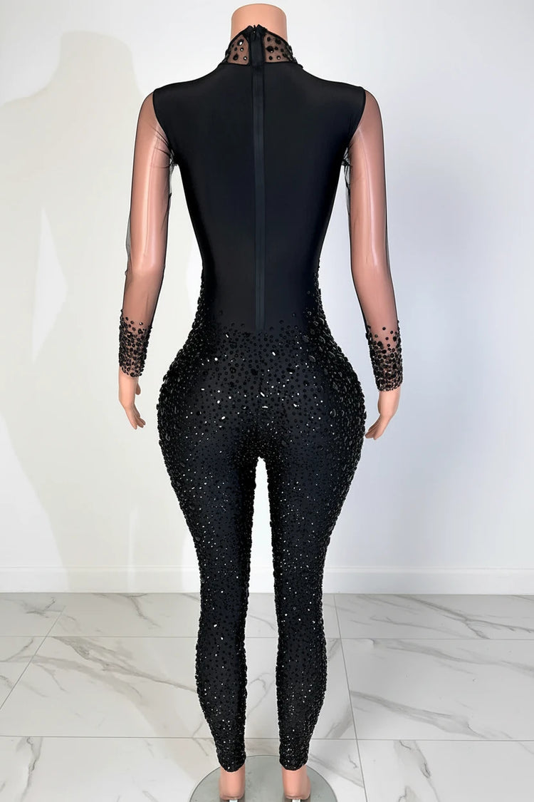 Yembi Fashion luxury royal blue rhinestone fringe romper featuring an asymmetric side cutout leotard with criss-cross straps, rich crystal embellishments, and a dancing fringe skirt