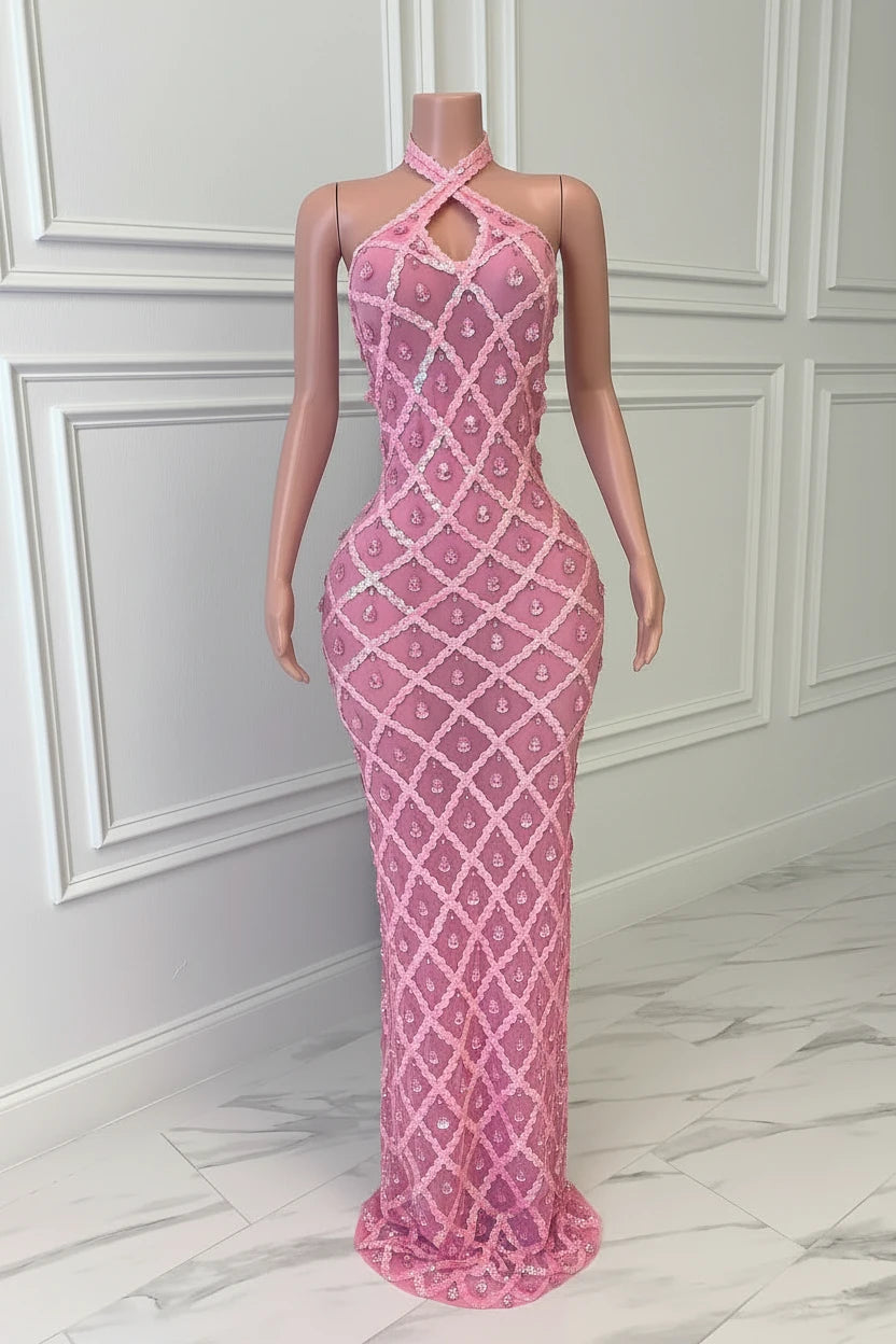 Yembi Fashion pink crystal halter dress with criss-cross neckline, central chest keyhole cutout, sheer pink mesh, and geometric diamond grid pattern of rose rhinestones