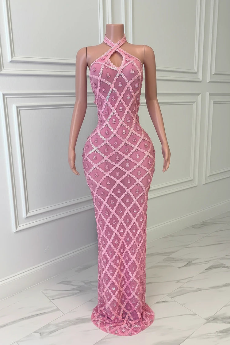 Yembi Fashion pink crystal halter dress with criss-cross neckline, central chest keyhole cutout, sheer pink mesh, and geometric diamond grid pattern of rose rhinestones