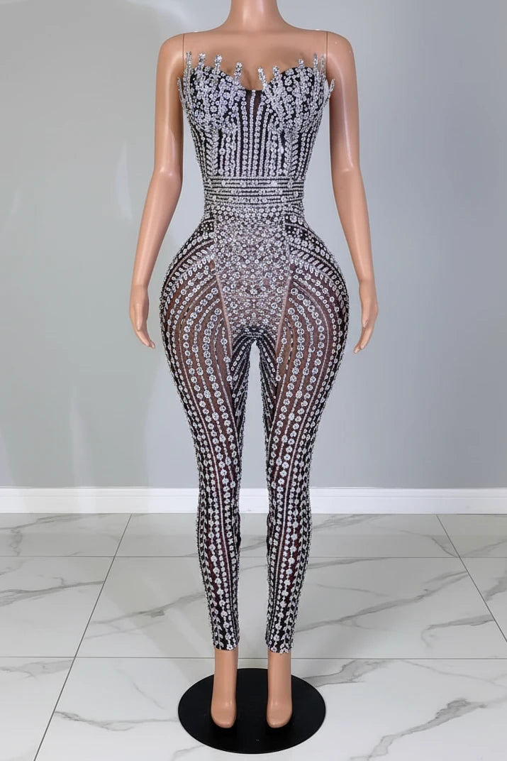 Yembi Fashion black crystal jumpsuit with strapless sweetheart neckline, sheer black nude illusion mesh, and heavy linear silver rhinestone embellishments