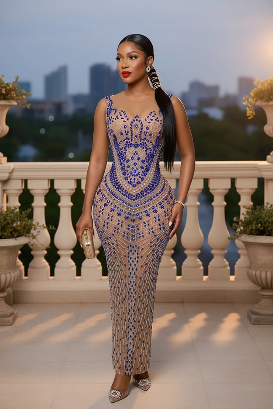 The Ultimate Royal Blue Crystal Maxi Dress with Vertical Rhinestone Pinstripes