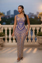 The Ultimate Royal Blue Crystal Maxi Dress with Vertical Rhinestone Pinstripes