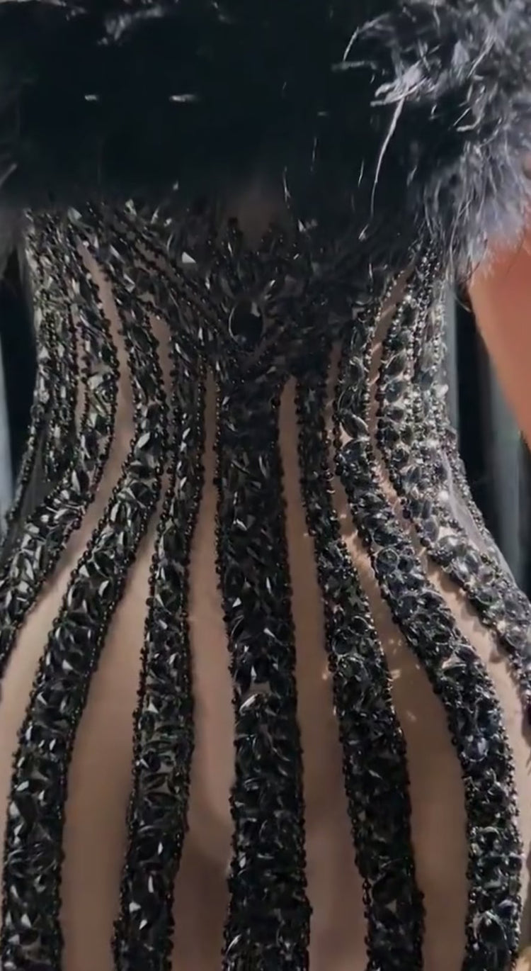 Ella Black Mini Dress featuring a tulle design and rhinestone details for a chic and glamorous look.
