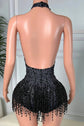 Yembi Fashion black crystal fringe playsuit with plunging V-neckline halter top, heavy jet-black rhinestone embellishments, and hanging crystal bead tassels