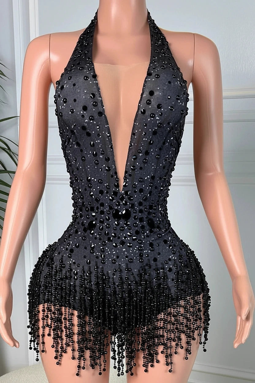 Yembi Fashion black crystal fringe playsuit with plunging V-neckline halter top, heavy jet-black rhinestone embellishments, and hanging crystal bead tassels