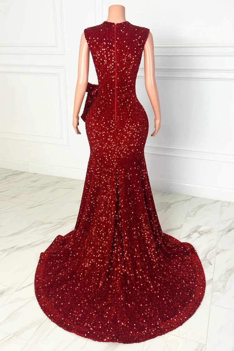 Yembi Fashion deep red sequin mermaid prom dress with embellished cutout bodice and illusion mesh panels