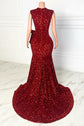 Yembi Fashion deep red sequin mermaid prom dress with embellished cutout bodice and illusion mesh panels