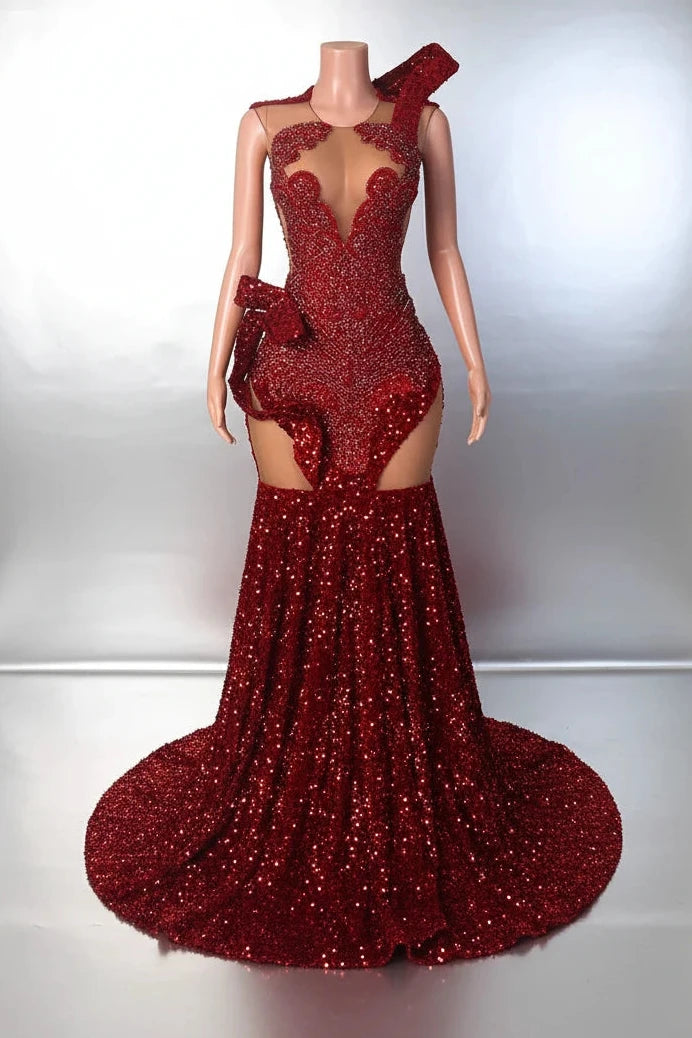 Yembi Fashion deep red sequin mermaid prom dress with embellished cutout bodice and illusion mesh panels